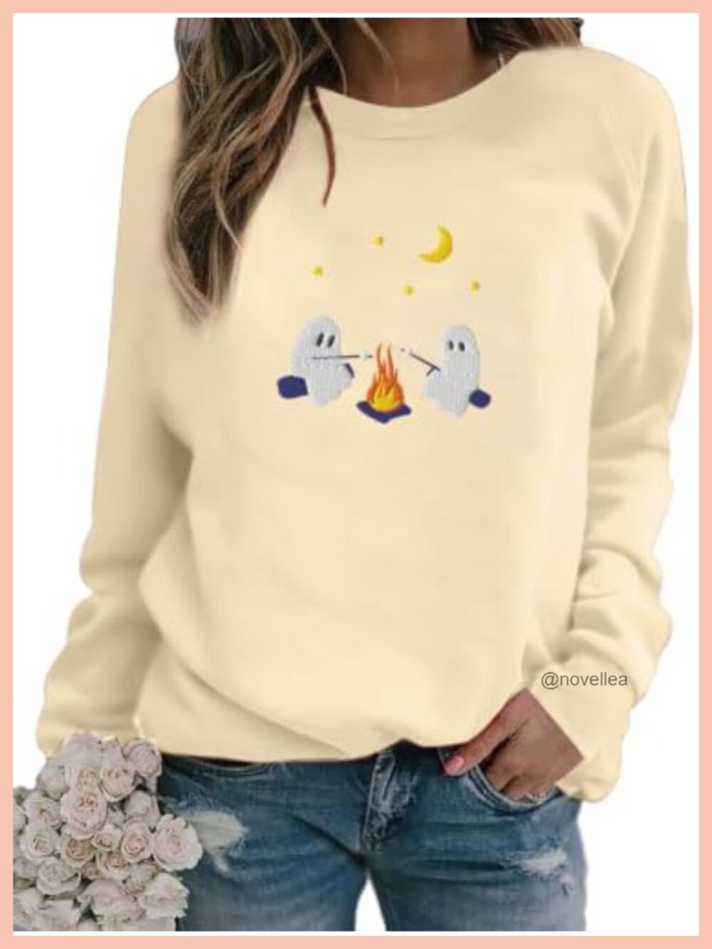 Embroidered Ghost Graphic Sweatshirt Womens Halloween Pullover Cotton Blend